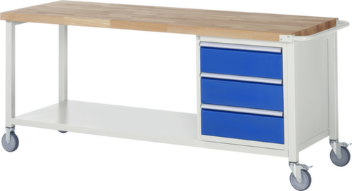RAU Fahrbare Werkbank Serie 8000, 3 Schubladen, 1 Ablageboden, 1 Schiebebügel, RAL7035 Lichtgrau/RAL5010 Enzianblau