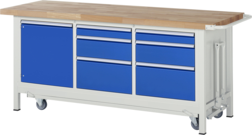 RAU Werkbank Serie 8000 mit absenkbarem Fahrgestell, 6 Schubladen, 1 Schrank, 1 Schiebebügel, RAL7035 Lichtgrau/RAL5010 Enzianblau