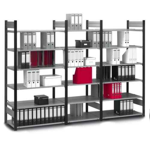 hofe Akten-Steckregal zur beidseitigen Nutzung, 7 Böden, RAL9005 Tiefschwarz/RAL9006 Weißaluminium