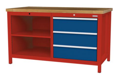 Bedrunka + Hirth Werkbank mit Buche-Massivholzplatte Gestell in vielen Farben, 3 Schubladen, 2 Ablageböden