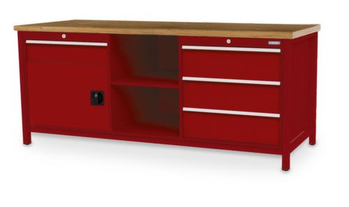 Bedrunka + Hirth Werkbank mit Buche-Massivholzplatte Gestell in vielen Farben, 3 Schubladen, 1 Schrank, 2 Ablageböden
