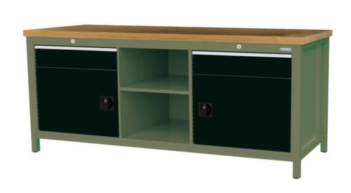 Bedrunka + Hirth Werkbank mit Buche-Massivholzplatte Gestell in vielen Farben, 2 Schubladen, 2 Schränke, 2 Ablageböden