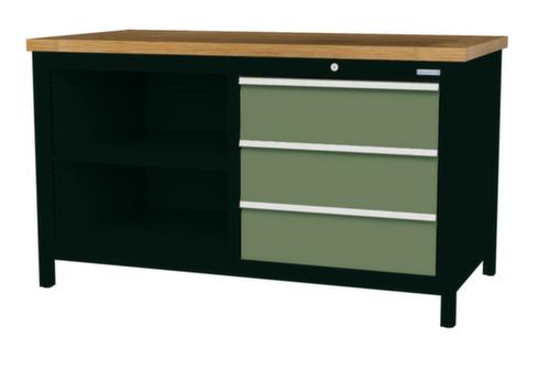 Bedrunka + Hirth Werkbank mit Buche-Massivholzplatte Gestell in vielen Farben, 3 Schubladen, 2 Ablageböden