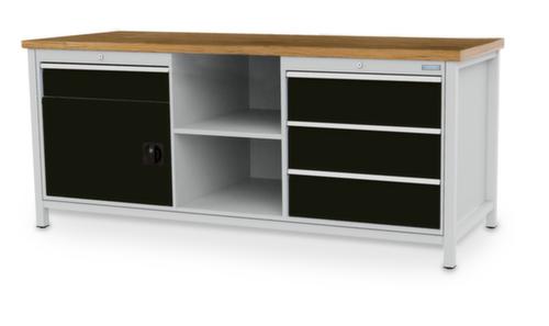 Bedrunka + Hirth Werkbank mit Buche-Massivholzplatte Gestell in vielen Farben, 3 Schubladen, 1 Schrank, 2 Ablageböden