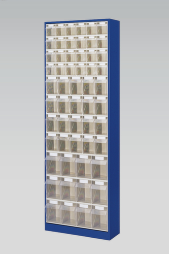 Magazinschrank mit Klappkästen, 56 Kästen, transparent