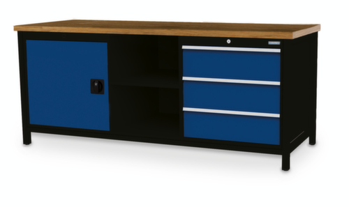 Bedrunka + Hirth Werkbank mit Buche-Massivholzplatte Gestell in vielen Farben, 3 Schubladen, 1 Schrank, 2 Ablageböden