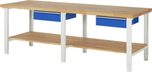 RAU Höhenverstellbare Werkbank Serie 7000, 2 Schubladen, 1 Ablageboden, RAL7035 Lichtgrau/RAL5010 Enzianblau
