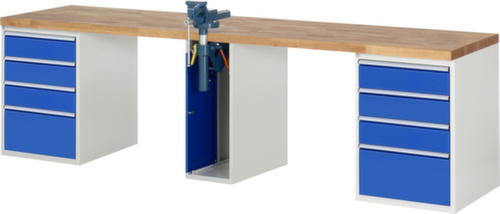 RAU Werkbank Serie 7000 mit Containergestell, 10 Schubladen, 1 Schrank, 1 Schraubstock, RAL7035 Lichtgrau/RAL5010 Enzianblau
