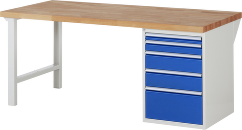RAU Werkbank Serie 7000 mit Containergestell, 5 Schubladen, RAL7035 Lichtgrau/RAL5010 Enzianblau