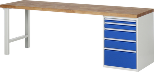 RAU Werkbank Serie 7000 mit Containergestell, 5 Schubladen, RAL7035 Lichtgrau/RAL5010 Enzianblau