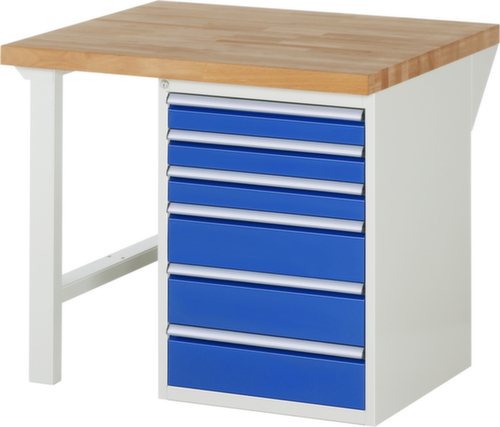 RAU Werkbank Serie 7000 mit Containergestell, 6 Schubladen, RAL7035 Lichtgrau/RAL5010 Enzianblau