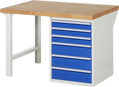 RAU Werkbank Serie 7000 mit Containergestell, 6 Schubladen, RAL7035 Lichtgrau/RAL5010 Enzianblau