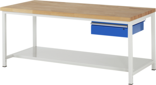 RAU Höhenverstellbare Werkbank Serie 8000, 1 Schublade, 1 Ablageboden, RAL7035 Lichtgrau/RAL5010 Enzianblau