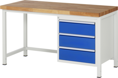 RAU Höhenverstellbare Werkbank Serie 8000, 3 Schubladen, RAL7035 Lichtgrau/RAL5010 Enzianblau
