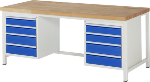 RAU Höhenverstellbare Werkbank Serie 8000, 8 Schubladen, RAL7035 Lichtgrau/RAL5010 Enzianblau