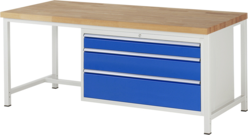 RAU Höhenverstellbare Werkbank Serie 8000, 3 Schubladen, RAL7035 Lichtgrau/RAL5010 Enzianblau