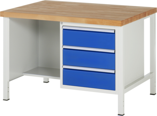 RAU Höhenverstellbare Werkbank Serie 8000, 3 Schubladen, RAL7035 Lichtgrau/RAL5010 Enzianblau