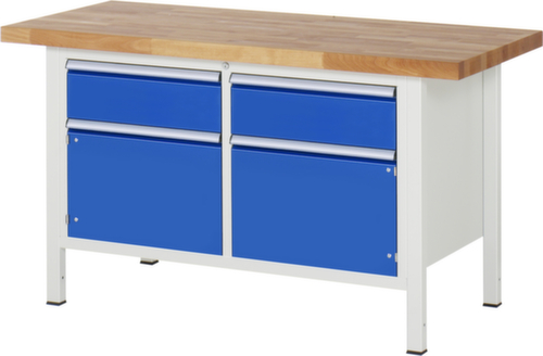 RAU Höhenverstellbare Werkbank Serie 8000, 2 Schubladen, 2 Schränke, RAL7035 Lichtgrau/RAL5010 Enzianblau