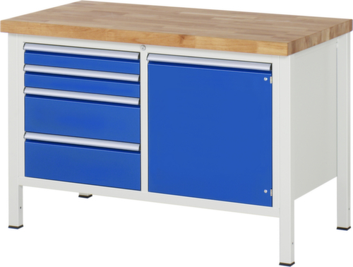 RAU Höhenverstellbare Werkbank Serie 8000, 4 Schubladen, 1 Schrank, RAL7035 Lichtgrau/RAL5010 Enzianblau