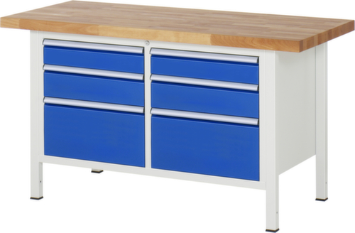 RAU Höhenverstellbare Werkbank Serie 8000, 6 Schubladen, RAL7035 Lichtgrau/RAL5010 Enzianblau