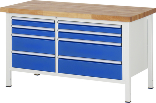 RAU Höhenverstellbare Werkbank Serie 8000, 8 Schubladen, RAL7035 Lichtgrau/RAL5010 Enzianblau