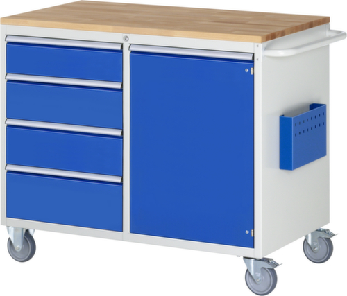 RAU Fahrbare Werkbank Serie 7000, 4 Schubladen, 1 Schrank, 1 Dokumententasche, 1 Schiebebügel, RAL7035 Lichtgrau/RAL5010 Enzianblau