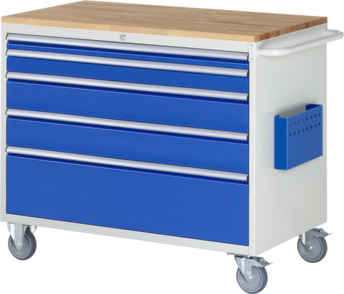 RAU Fahrbare Werkbank Serie 7000, 5 Schubladen, 1 Dokumententasche, 1 Schiebebügel, RAL7035 Lichtgrau/RAL5010 Enzianblau