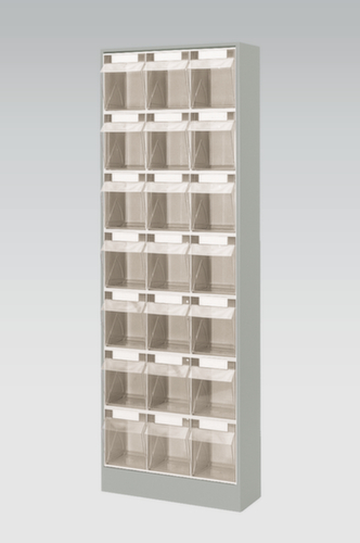 Magazinschrank mit Klappkästen, 21 Kästen, transparent