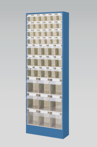 Magazinschrank mit Klappkästen, 48 Kästen, transparent