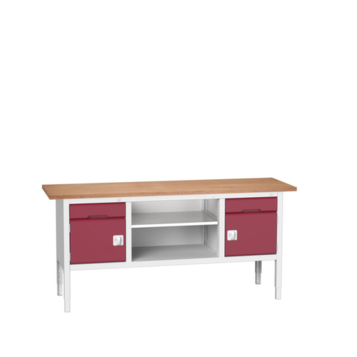 bott Höhenverstellbare Kastenwerkbank verso, 2 Schubladen, 2 Schränke, 1 Ablageboden, RAL7035 Lichtgrau/RAL3004 Purpurrot
