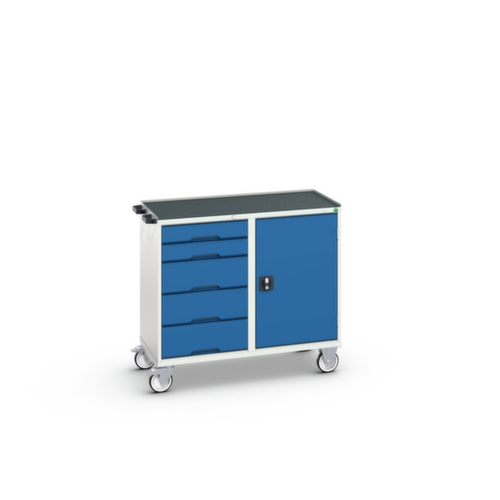 bott Fahrbarer Montagetisch verso, 5 Schubladen, 1 Schrank, RAL7035 Lichtgrau/RAL5010 Enzianblau