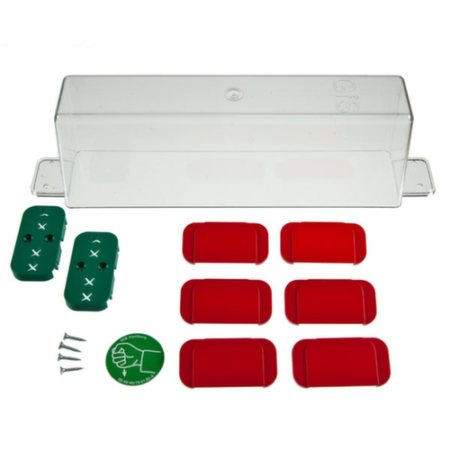 Fluchttürhauben-Set GfS Typ E, 1 x Haube, 2 x Unterplatten grün, 6 x Oberplatten rot, 1 x Piktogramm