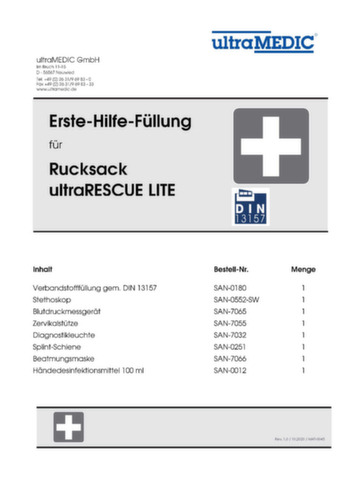 ultraMEDIC Rettungsrucksack ultraRESCUE LITE FA, Füllung nach DIN 13157
