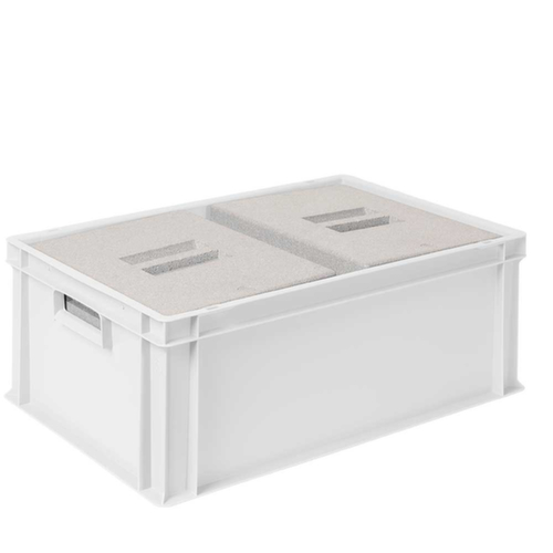Euronorm-Stapelbehälter mit 2 Isolierboxen, weiß, Inhalt 44,5 l, Auflagedeckel für Isolierbox