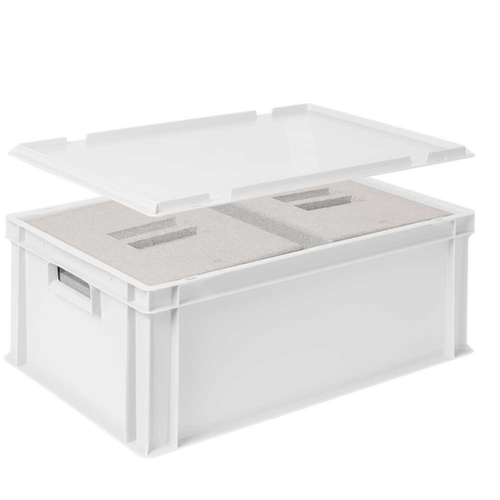 Euronorm-Stapelbehälter mit 2 Isolierboxen, weiß, Inhalt 44,5 l, Auflagedeckel für Isolierbox