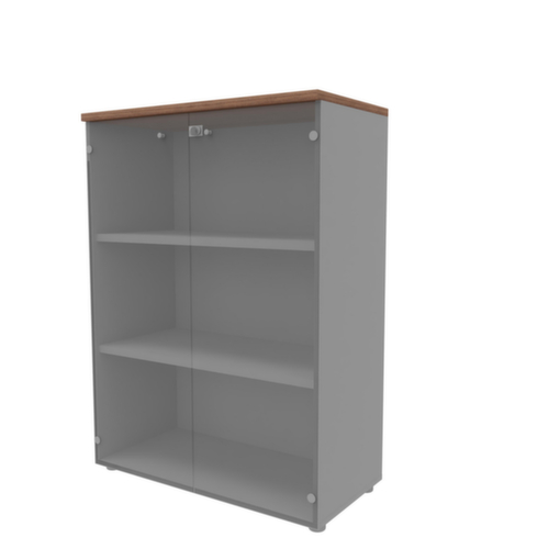 Quadrifoglio Büro-Glastürenschrank Practika mit Türen ohne Rahmen, 3 Ordnerhöhen, Korpus alu/Nuss