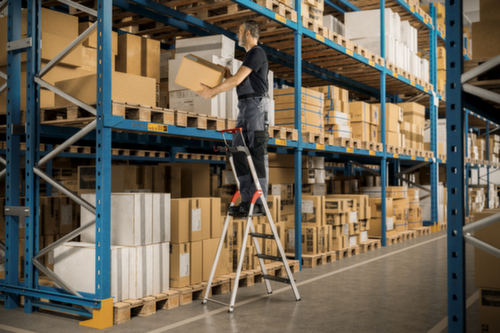 Hailo Einseitige Stufenleiter TopLine L100 mit ausziehbarem Sicherheitsbügel, 5 extra tiefe Riffelblechstufen
