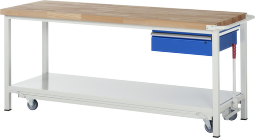 RAU Werkbank Serie 8000 mit absenkbarem Fahrgestell, 1 Schublade, 1 Ablageboden, 1 Schiebebügel, RAL7035 Lichtgrau/RAL5010 Enzianblau