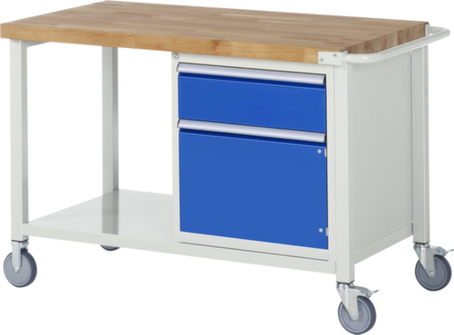 RAU Fahrbare Werkbank Serie 8000, 1 Schublade, 1 Schrank, 1 Ablageboden, 1 Schiebebügel, RAL7035 Lichtgrau/RAL5010 Enzianblau