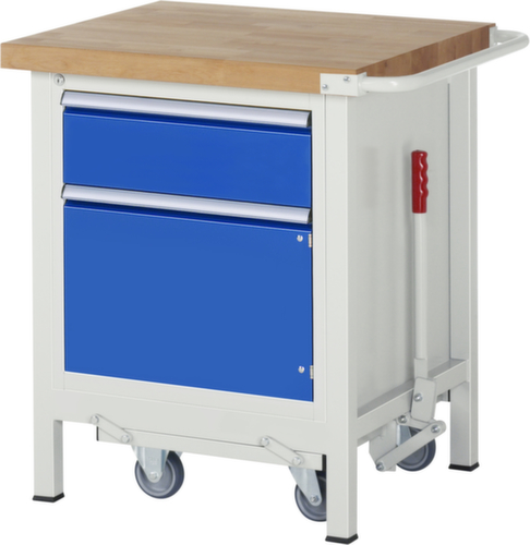 RAU Werkbank Serie 8000 mit absenkbarem Fahrgestell, 1 Schublade, 1 Schrank, 1 Schiebebügel, RAL7035 Lichtgrau/RAL5010 Enzianblau