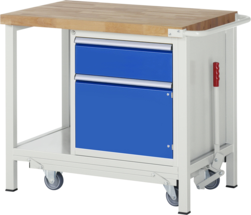 RAU Werkbank Serie 8000 mit absenkbarem Fahrgestell, 1 Schublade, 1 Schrank, 1 Ablageboden, 1 Schiebebügel, RAL7035 Lichtgrau/RAL5010 Enzianblau