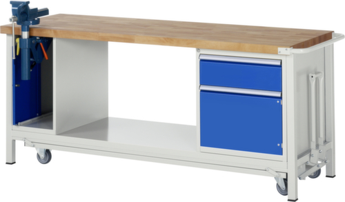 RAU Werkbank Serie 8000, 1 Schublade, 1 Ablageboden, 2 Schränke, 1 Schraubstock, RAL7035 Lichtgrau/RAL5010 Enzianblau