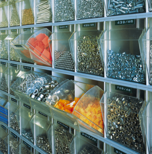 Magazinschrank mit Klappkästen, 31 Kästen, transparent