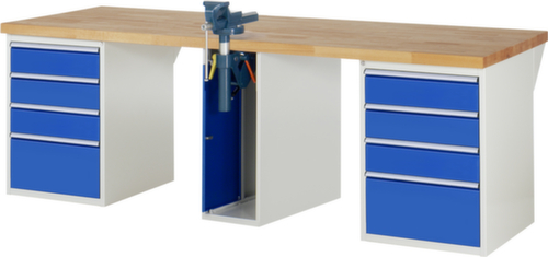 RAU Werkbank Serie 7000 mit Containergestell, 8 Schubladen, 1 Schrank, 1 Schraubstock, RAL7035 Lichtgrau/RAL5010 Enzianblau