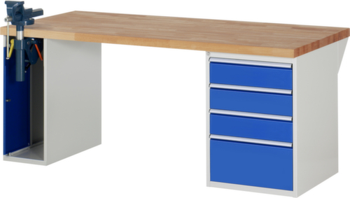 RAU Werkbank Serie 7000 mit Containergestell, 4 Schubladen, 1 Schrank, 1 Schraubstock, RAL7035 Lichtgrau/RAL5010 Enzianblau