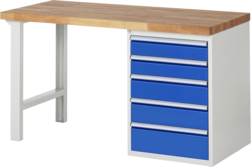 RAU Werkbank Serie 7000 mit Containergestell, 5 Schubladen, RAL7035 Lichtgrau/RAL5010 Enzianblau