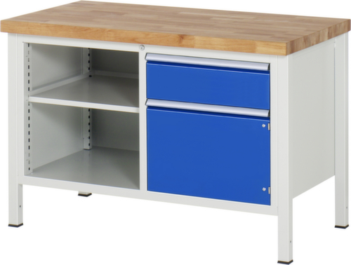 RAU Höhenverstellbare Werkbank Serie 8000, 1 Schublade, 1 Schrank, 2 Ablageböden, RAL7035 Lichtgrau/RAL5010 Enzianblau