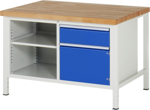 RAU Höhenverstellbare Werkbank Serie 8000, 1 Schublade, 1 Schrank, 2 Ablageböden, RAL7035 Lichtgrau/RAL5010 Enzianblau