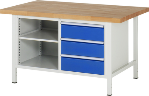 RAU Höhenverstellbare Werkbank Serie 8000, 3 Schubladen, 2 Ablageböden, RAL7035 Lichtgrau/RAL5010 Enzianblau