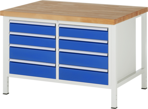 RAU Höhenverstellbare Werkbank Serie 8000, 8 Schubladen, RAL7035 Lichtgrau/RAL5010 Enzianblau